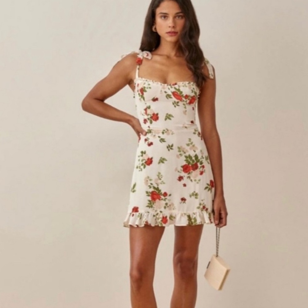 Reformation Floral Dress in Cream and Red